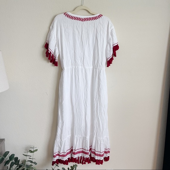 Club Monaco White Red Embroidered Tassel Dress MIDI - Picture 3 of 8